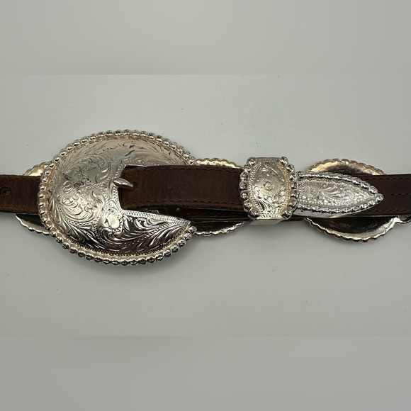 Tony Lama Belt 34 Silver Concho Brown Leather Vtg Statement Western 5077L Cowboy